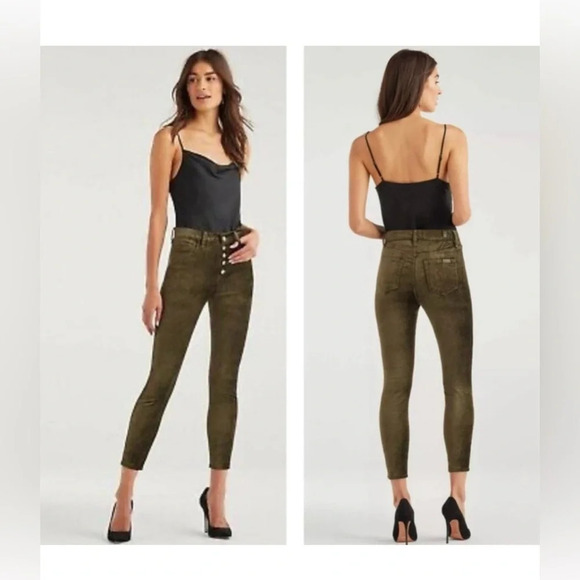 7 For All Mankind High Waist Velvet Ankle Skinny Jeans in Olive, Size 24 - Picture 1 of 6